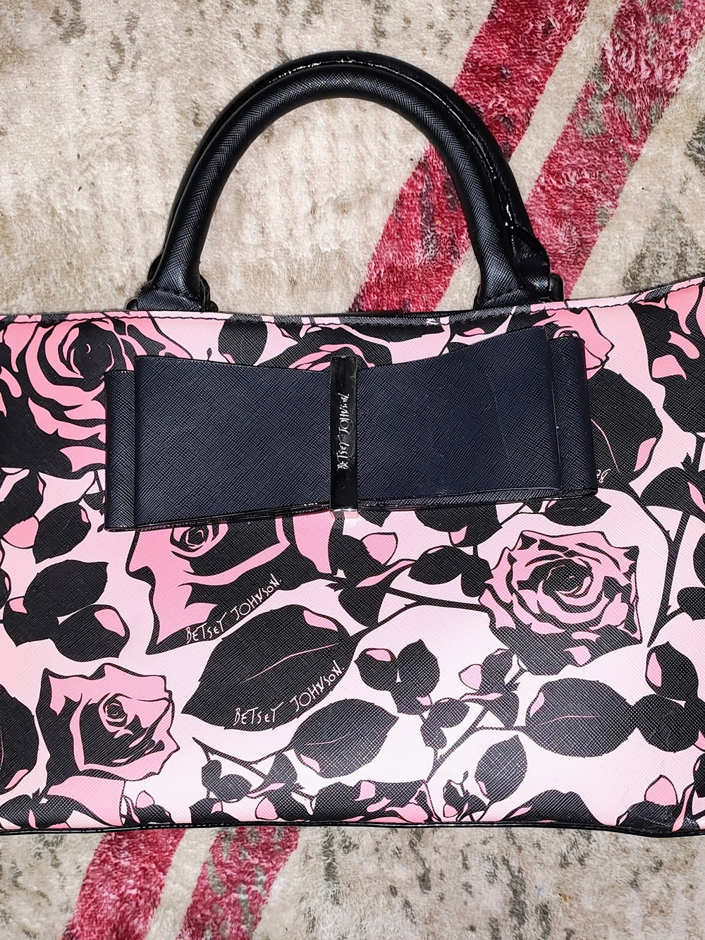 Betsey Johnson Pink & Black Rose-Print Satchel with Bow Accent